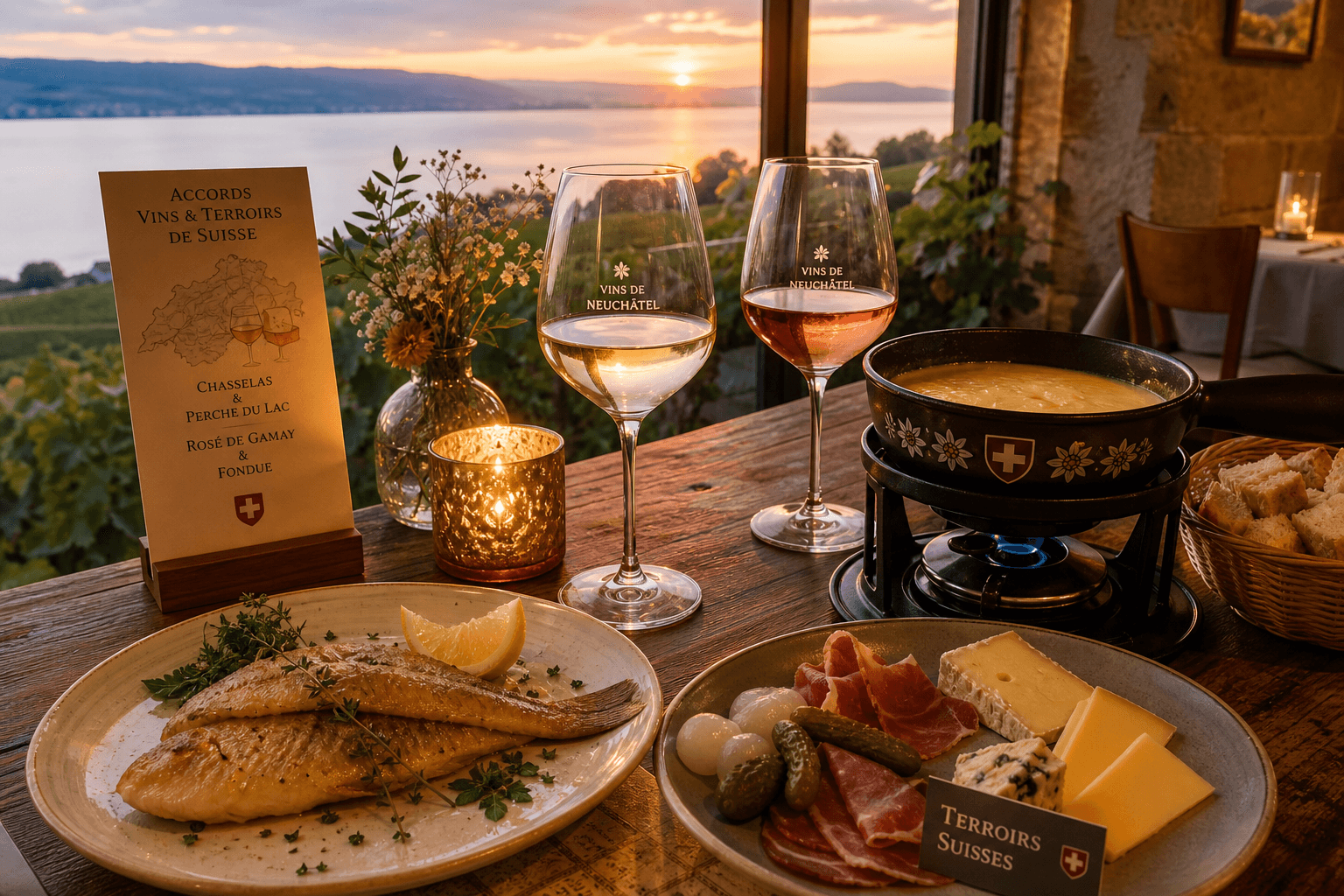 Table dressée avec spécialités et vins neuchâtelois