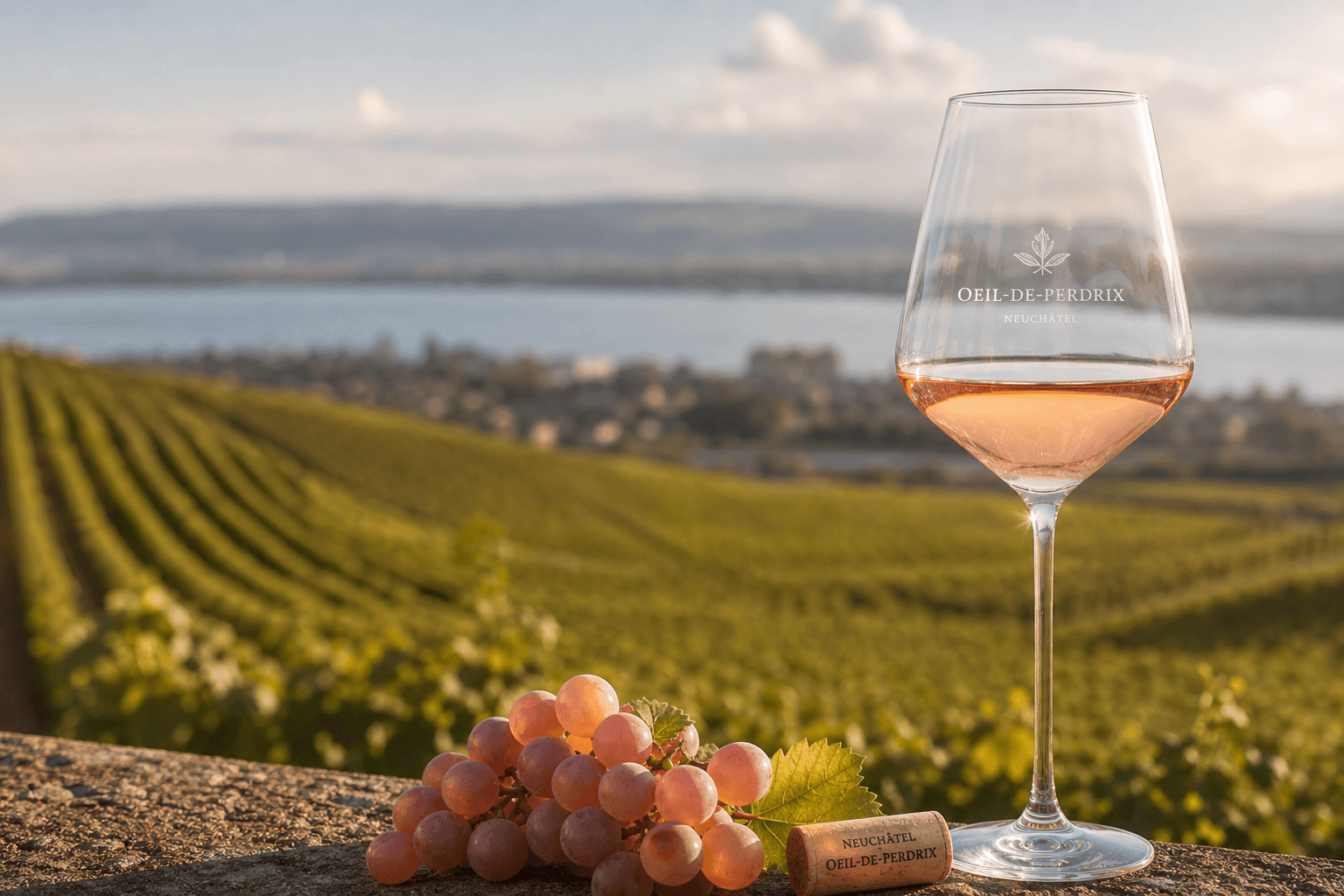 Verre d'Œil-de-Perdrix, rosé pâle nacré de Neuchâtel, reflets rose saumon
